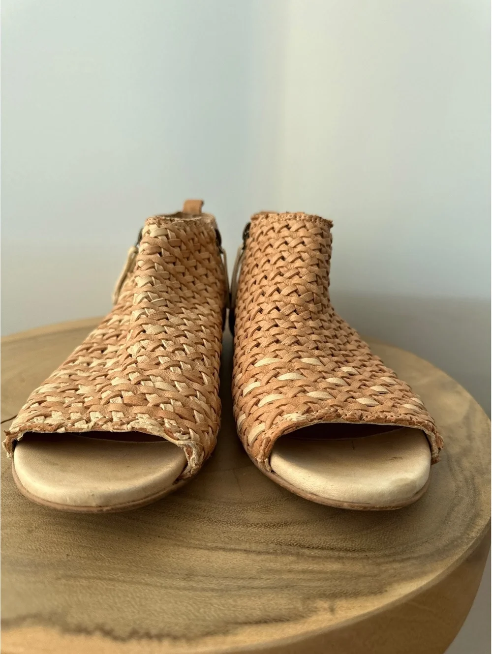 Sundance Asheville Woven Leather Booties 37 Tan Peep Toe Made in Italy